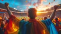 Generative AI Support. Back view of football, soccer fans cheering their team with colorful scarfs at crowded stad Royalty Free Stock Photo