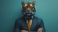 Generative AI. Surreal Portrait of a Man With a Tigers Head in a Business Suit Against a Blue Background. Anthropomorphic concept Royalty Free Stock Photo