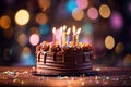 Generative AI. Happy birthday party concept, minimalistic background. Sweet chocolate cake with and candles. Dark Bokeh Royalty Free Stock Photo