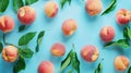 Generative AI Sweet peaches and leaves on blue background business concept.