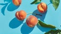 Generative AI Sweet peaches and leaves on blue background business concept.