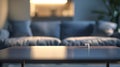 Generative AI Table top with Blurred sofa Home interior decoration business concept. Royalty Free Stock Photo