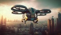 generative ai Technology Future of Aerial drone vehicle Air unit in futuristic on sky city Royalty Free Stock Photo