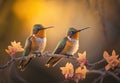 A couple of hummingbirds perching on a branch, blurred yellow flowered background, side view, generative AI
