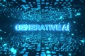 Generative AI text inside rotating cube platforms in cyberspace. High-tech neon 3D illustration