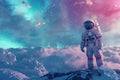 Generative ai on theme of astronaut flying in zero gravity against starry sky in deep dark space Royalty Free Stock Photo