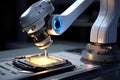 Generative ai on theme of beautiful robot inserts microchip for design natural abstract background