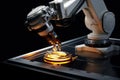 Generative ai on theme of beautiful robot inserts microchip for design natural abstract background