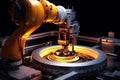 Generative ai on theme of beautiful robot inserts microchip for design natural abstract background