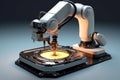 Generative ai on theme of beautiful robot inserts microchip for design natural abstract background