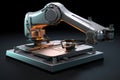 Generative ai on theme of beautiful robot inserts microchip for design natural abstract background