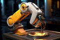 Generative ai on theme of beautiful robot inserts microchip for design natural abstract background
