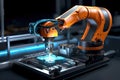 Generative ai on theme of beautiful robot inserts microchip for design natural abstract background