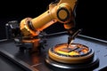 Generative ai on theme of beautiful robot inserts microchip for design natural abstract background