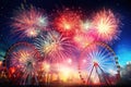 Generative ai on theme festive brightly fireworks on twilight background high in dark sky Royalty Free Stock Photo