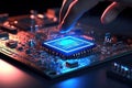 Generative ai on theme of human hand on surface microchip for design natural abstract background Royalty Free Stock Photo