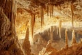 Generative ai on theme of a large beautiful sharp stalactites hanging down from deep mountain cave Royalty Free Stock Photo