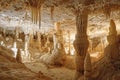 Generative ai on theme of a large beautiful sharp stalactites hanging down from deep mountain cave Royalty Free Stock Photo