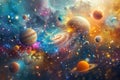 Generative ai on theme of parade of planets in solar system, bright stars glow in atmosphere