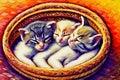 Three adorable newborn kittens cuddled up in a thai-style basket