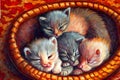 Three adorable newborn kittens cuddled up in a thai-style basket