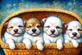 Three adorable newborn puppies in a basket Royalty Free Stock Photo