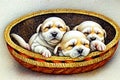 Three adorable newborn puppies in a basket Royalty Free Stock Photo