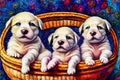 Three adorable newborn puppies in a basket Royalty Free Stock Photo