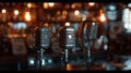 Generative AI Three Microphones At Bar Nighttime business concept. Royalty Free Stock Photo