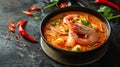 Generative AI Tom Yam kung spicy Thai soup with  prawn and coconut milk Traditional  asian spicy coconut milk soup Royalty Free Stock Photo