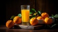 generative AI tools, glass of fresh orange juice with fresh fruits on a wooden table