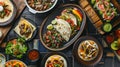 Generative AI A top down view of several TexMex entrees on a tile table surface business concept.