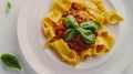 Generative AI Top view of appetizing homemade pasta with Bolognese sauce served with fresh basil leaves on white p Royalty Free Stock Photo