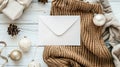 Generative AI Top view mockup blank paper and envelope  Flat lay of white wooden background  Christmas decorations Royalty Free Stock Photo