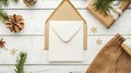 Generative AI Top view mockup blank paper and envelope  Flat lay of white wooden background  Christmas decorations Royalty Free Stock Photo