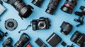 Generative AI Top View of Photographers Videographers or Video Bloggers Workplace Digital Gadgets Lying on Blue Ta Royalty Free Stock Photo