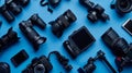 Generative AI Top View of Photographers Videographers or Video Bloggers Workplace Digital Gadgets Lying on Blue Ta Royalty Free Stock Photo