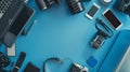 Generative AI Top View of Photographers Videographers or Video Bloggers Workplace Digital Gadgets Lying on Blue Ta Royalty Free Stock Photo