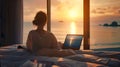 Generative AI Tourist woman sitting on bed nearly window looking to Beautiful sunset above sea or ocean reflection Royalty Free Stock Photo