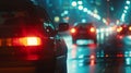 Generative AI Traces of headlights of moving cars on the highway and street lights in the city at night Blurred ca Royalty Free Stock Photo