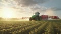 Generative AI, Tractor spraying a field, Farm landscape, agricultural beautiful countryside, country road. Nature Illustration, Royalty Free Stock Photo