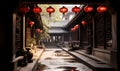 Traditional Chinese courtyard architecture with red lanterns hanging in a serene alleyway, embodying ancient cultural heritage and Royalty Free Stock Photo