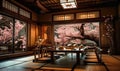 Traditional Japanese tearoom with tatami mats, low wooden table, and sliding shoji doors, showcasing a peaceful cherry blossom