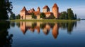 Generative AI Trakai Island Castle in lake Galve in day, Lithuania. Trakai Castle is one of major tourist attracti Royalty Free Stock Photo