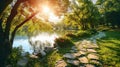 Tranquil Park Oasis: Colorful Summer Spring Landscape with Sunlit Lake, Lush Foliage, and Stone Path in Foreground Royalty Free Stock Photo