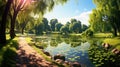 Tranquil Park Oasis: Colorful Summer Spring Landscape with Sunlit Lake, Lush Foliage, and Stone Path in Foreground Royalty Free Stock Photo