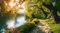 Tranquil Park Oasis: Colorful Summer Spring Landscape with Sunlit Lake, Lush Foliage, and Stone Path in Foreground Royalty Free Stock Photo