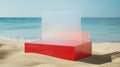 Generative AI Transparent geometric shaped acrylic sheets displayed with rectangle red podium on the beach sand Em