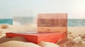 Generative AI Transparent geometric shaped acrylic sheets displayed with rectangle red podium on the beach sand Em