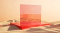 Generative AI Transparent geometric shaped acrylic sheets displayed with rectangle red podium on the beach sand Em